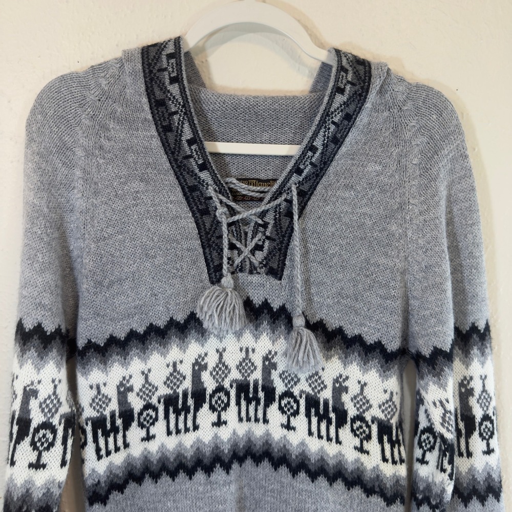 Arte Vivo Miguelito 100% Alpaca Wool Hoodie Sweater Grey Llama Knit Peru